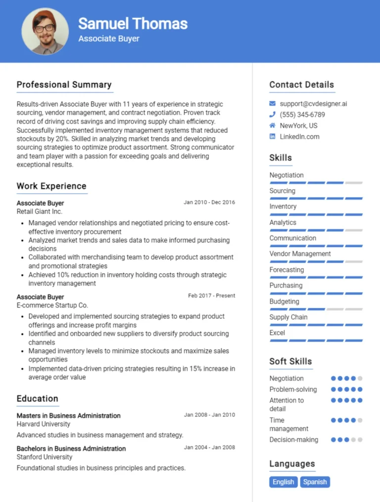 Associate Buyer CV Example For 2025: Ultimate Guide