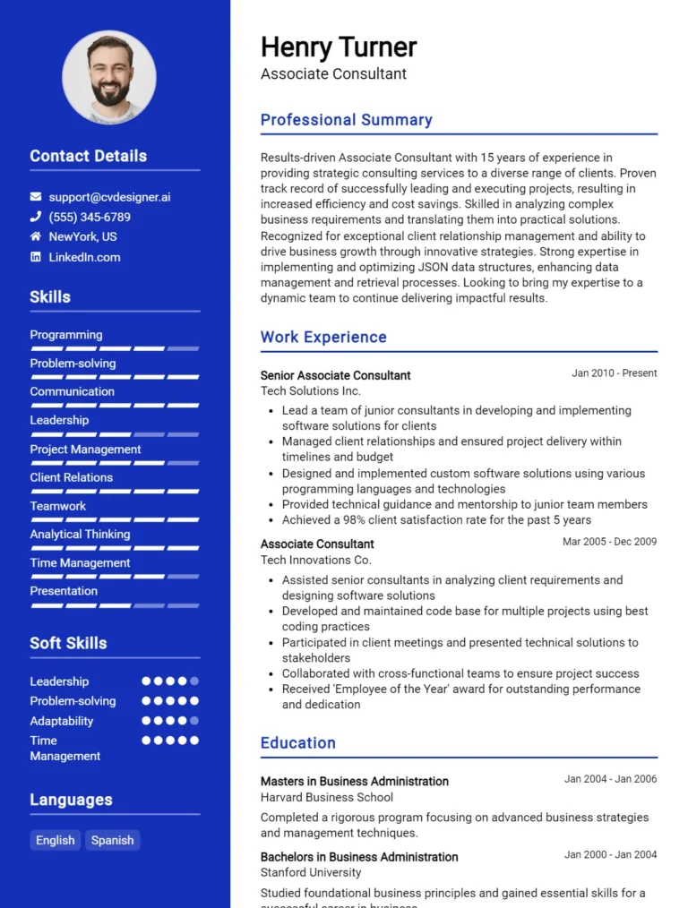 Associate Consultant CV Example For 2025: Ultimate Guide