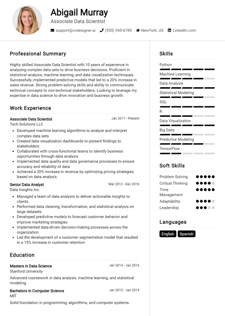 Associate Data Scientist Resume Example