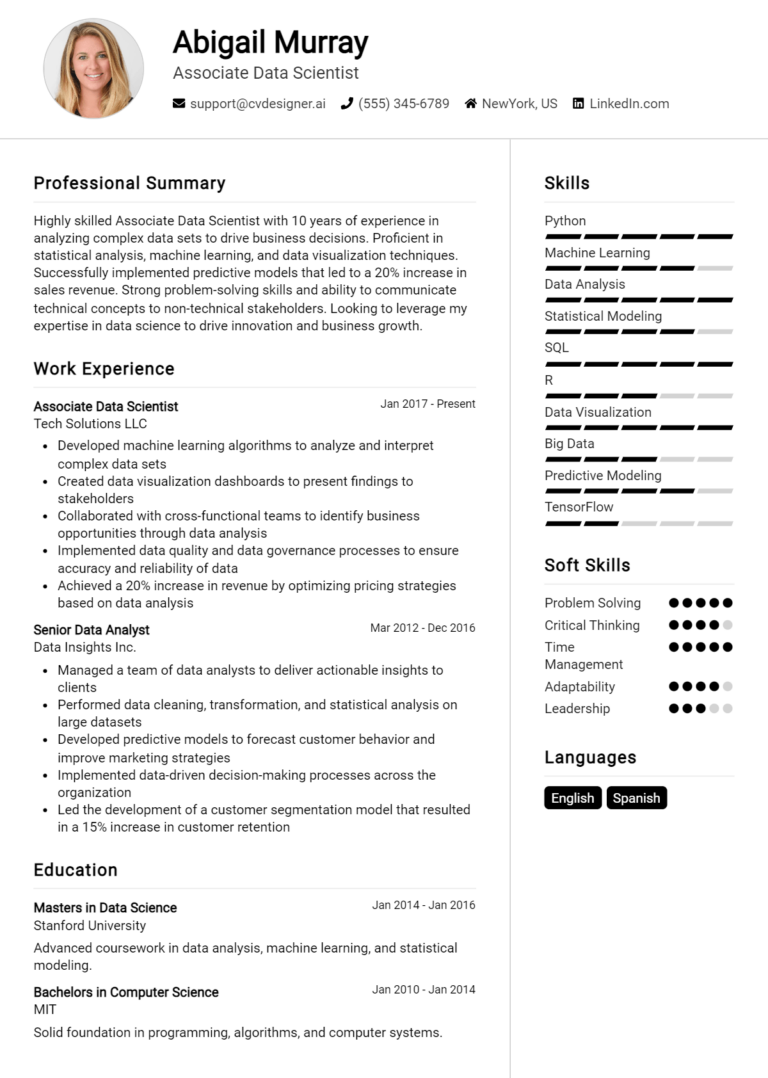 Associate Data Scientist CV Example for 2025: Effective CV Writing Tips