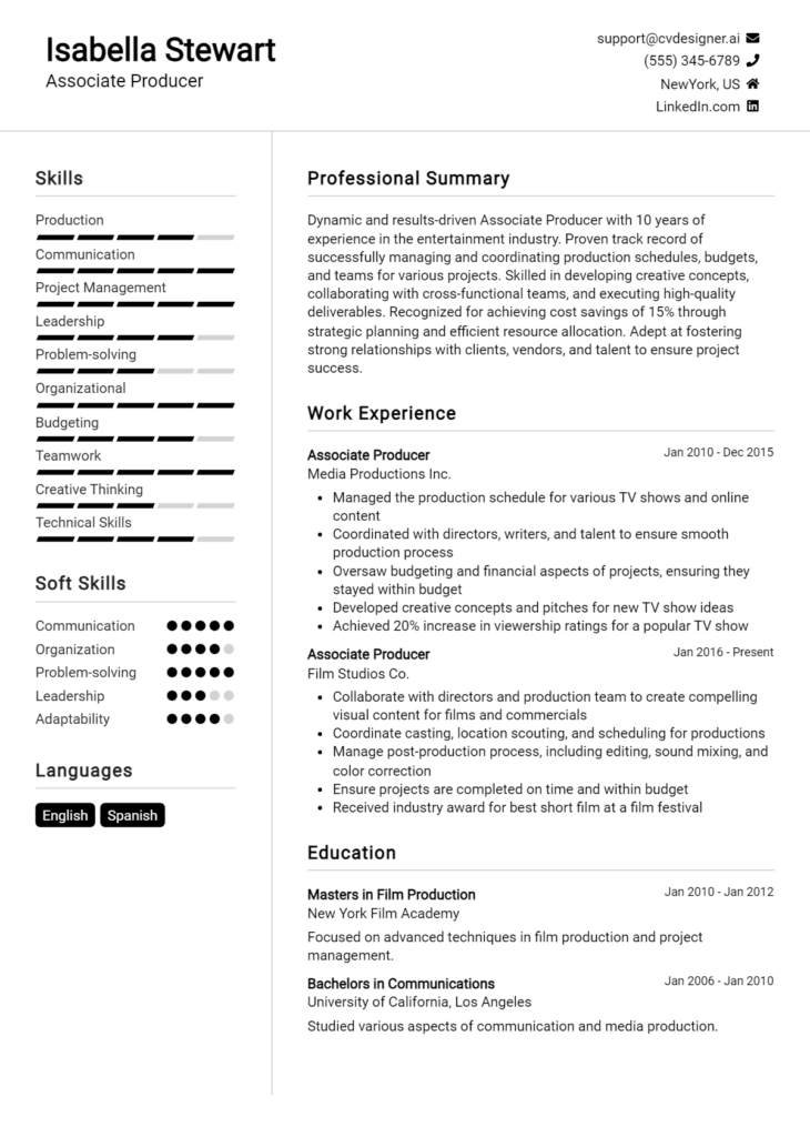 Associate Producer Resume Example for 2024: Expert Tips - CVDesigner.ai