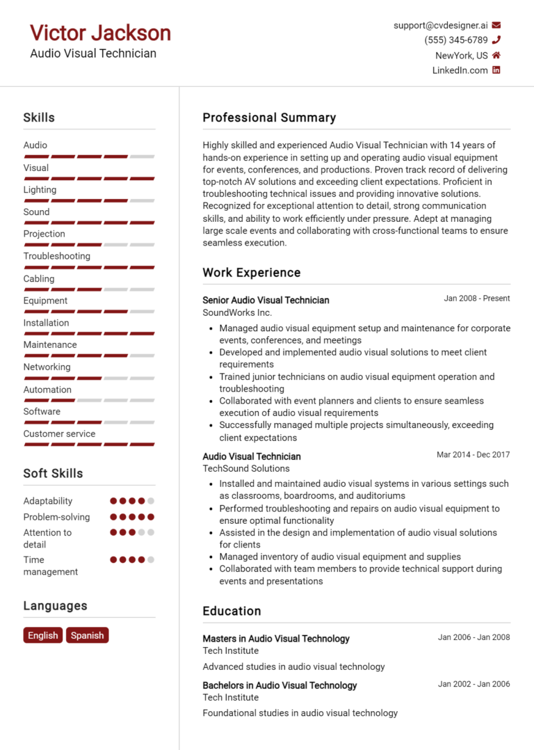 Audio Visual Technician Resume Example for 2025: Best Writing Tips
