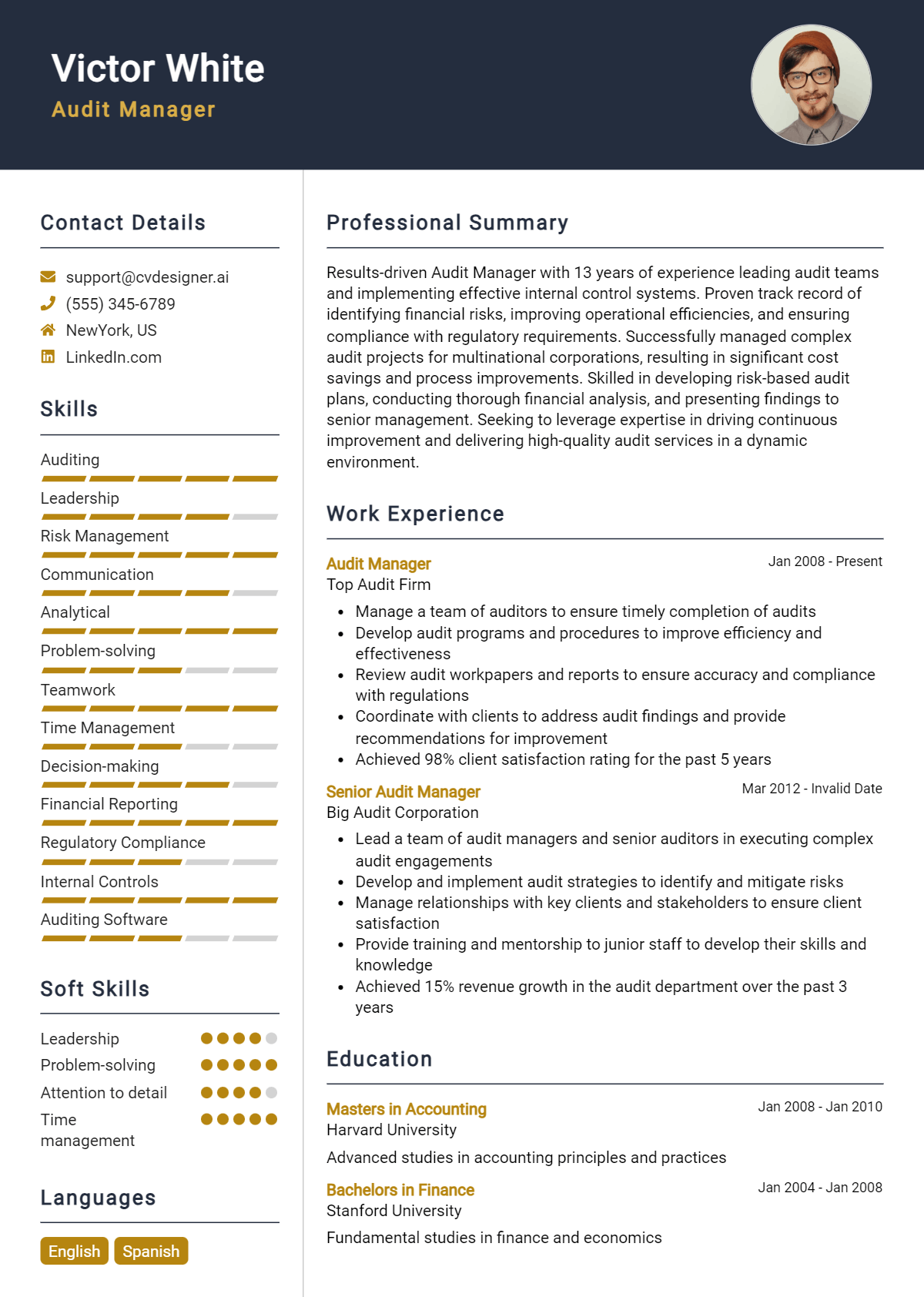 Audit Manager Resume Example for 2024: Ultimate Guide - CVDesigner.ai