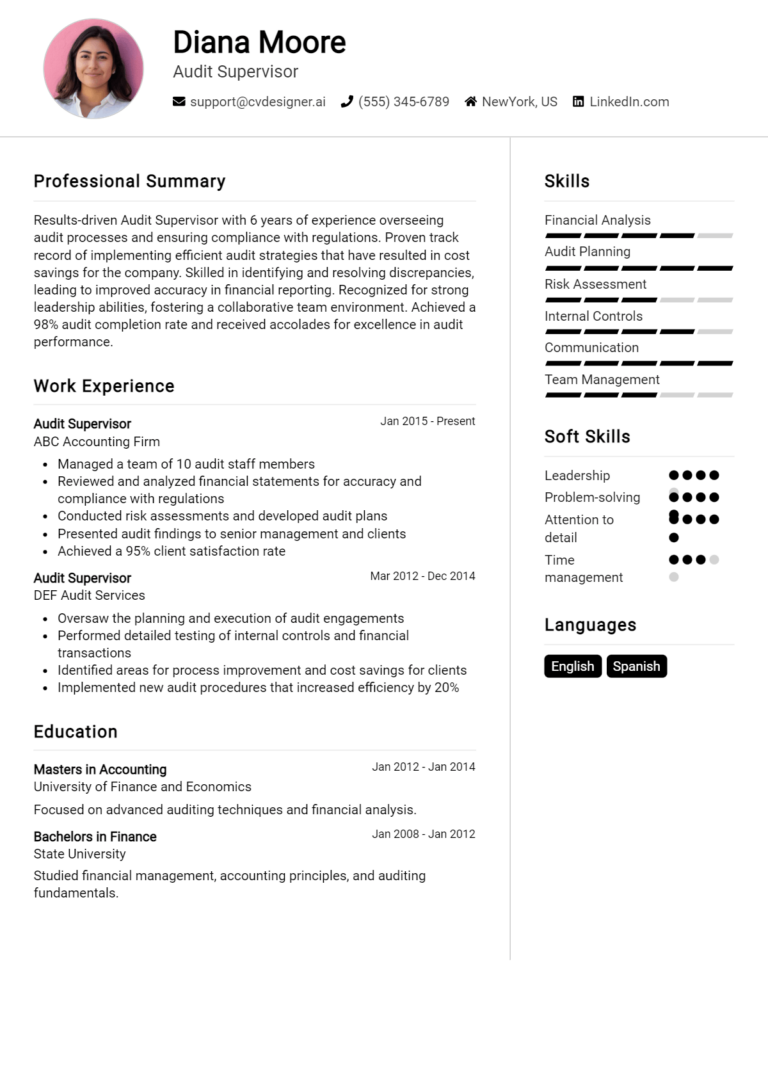 Audit Supervisor Resume Example for 2025: Strategies & Templates