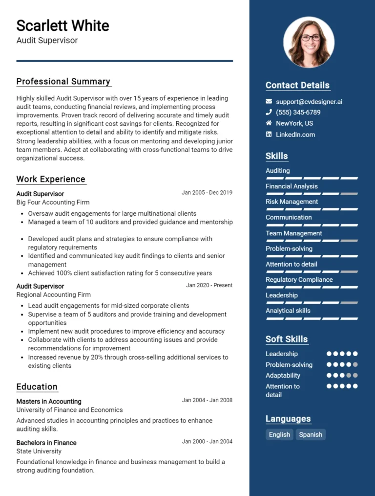 Audit Supervisor CV Example For 2025: Top CV Skills