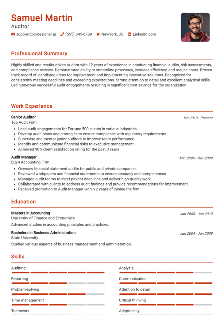 12 Lead Auditor Resume Examples And Templates for 2024tes - CVDesigner.ai