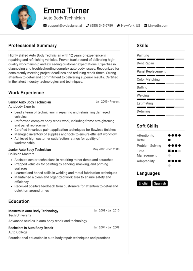 Auto Body Technician Resume Example for 2025: Effective CV Writing Tips
