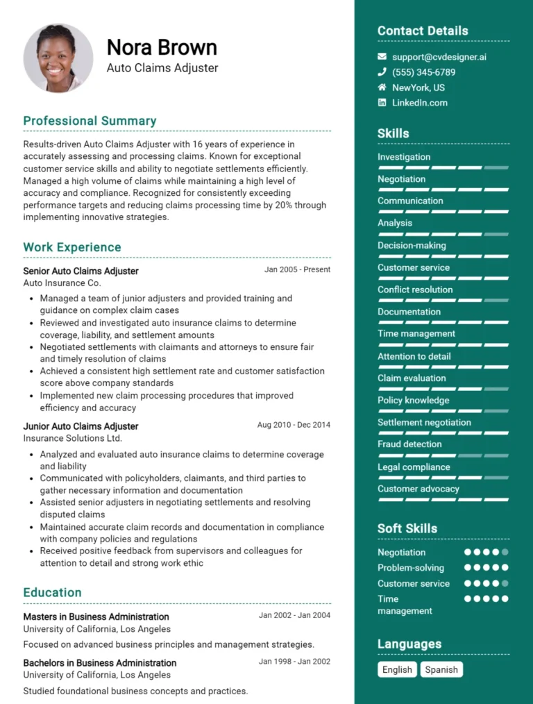 Auto Claims Adjuster CV Example For 2025: How to Craft a Winning CV