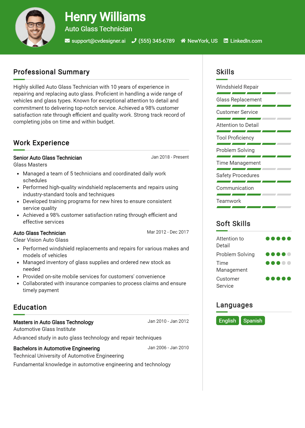 Auto Glass Technician Resume Example
