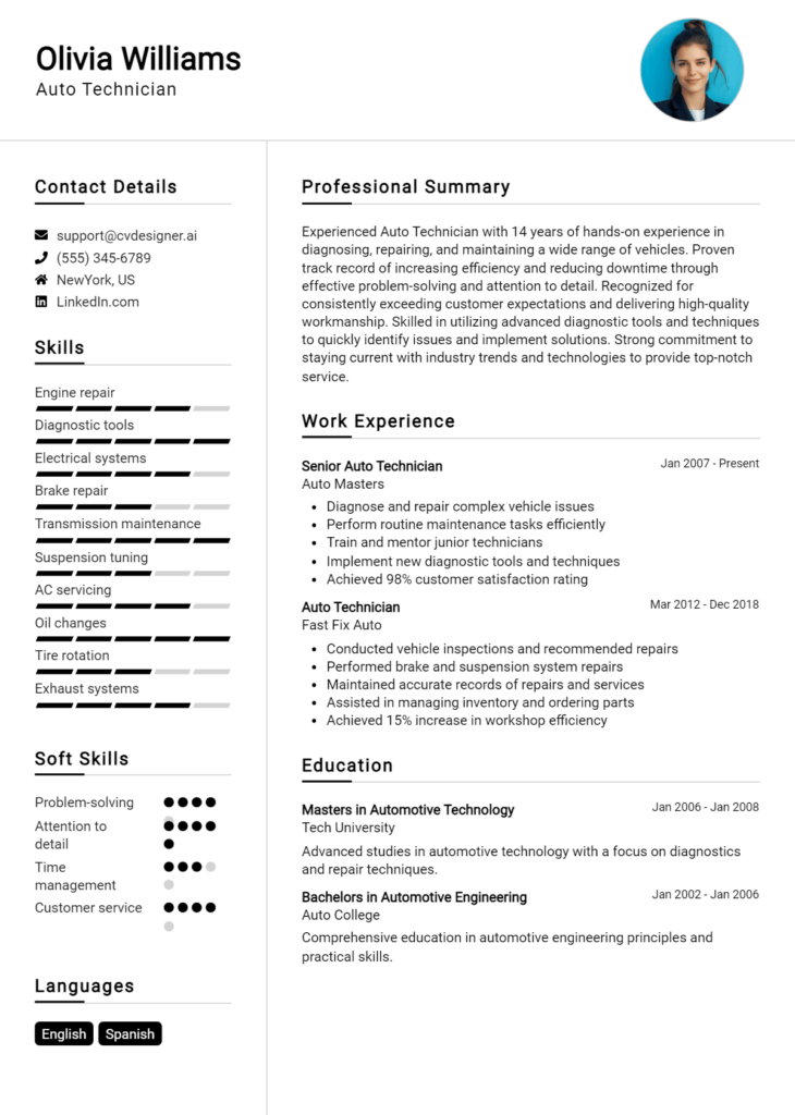 Auto Technician Resume Example for 2024: Examples & Free Templates ...