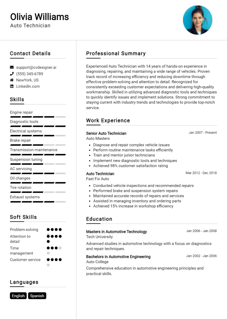 Auto Technician Resume Example for 2025: Examples & Free Templates