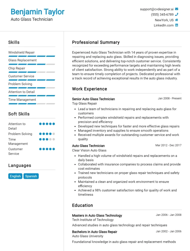 Auto Glass Technician CV Example For 2025: Examples & Free Templates