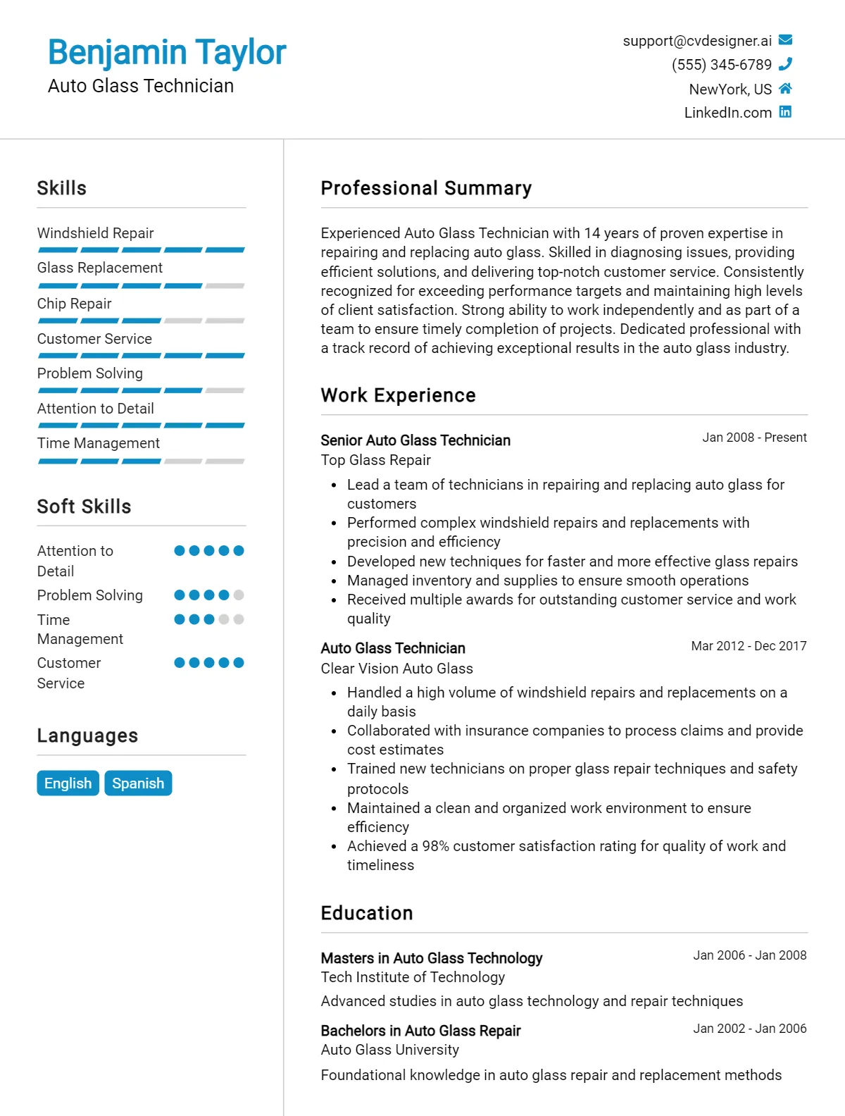 Auto Glass Technician CV Example