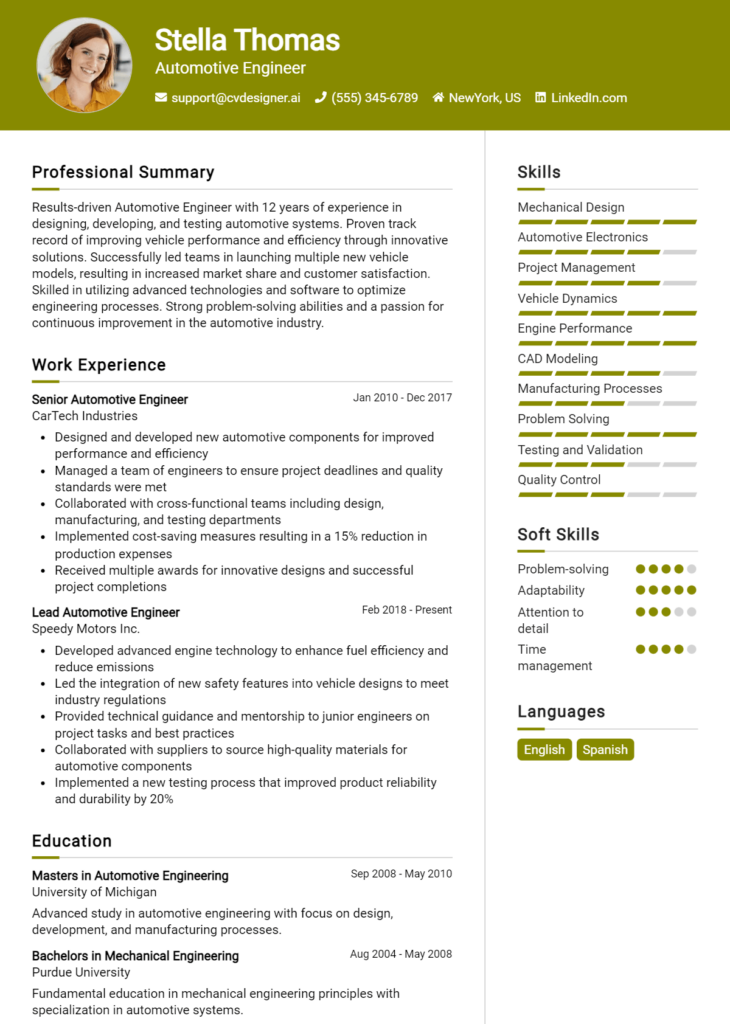 Automotive Engineer Resume Example
