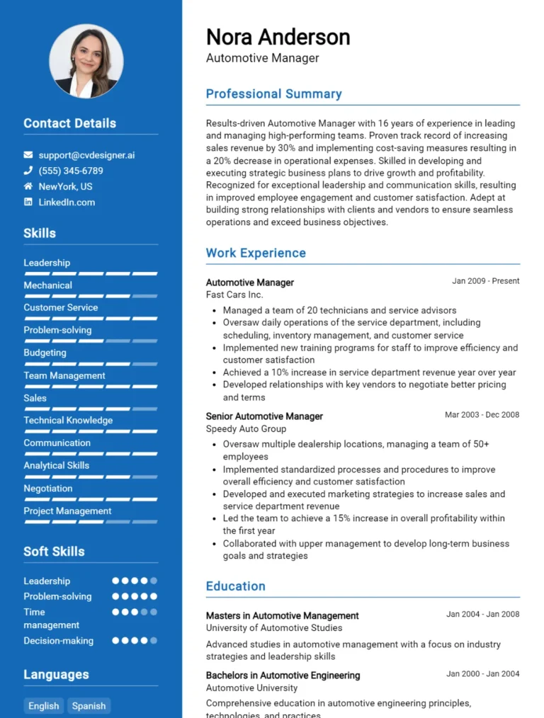 Automotive Manager CV Example For 2025: How to Create a Professional CV