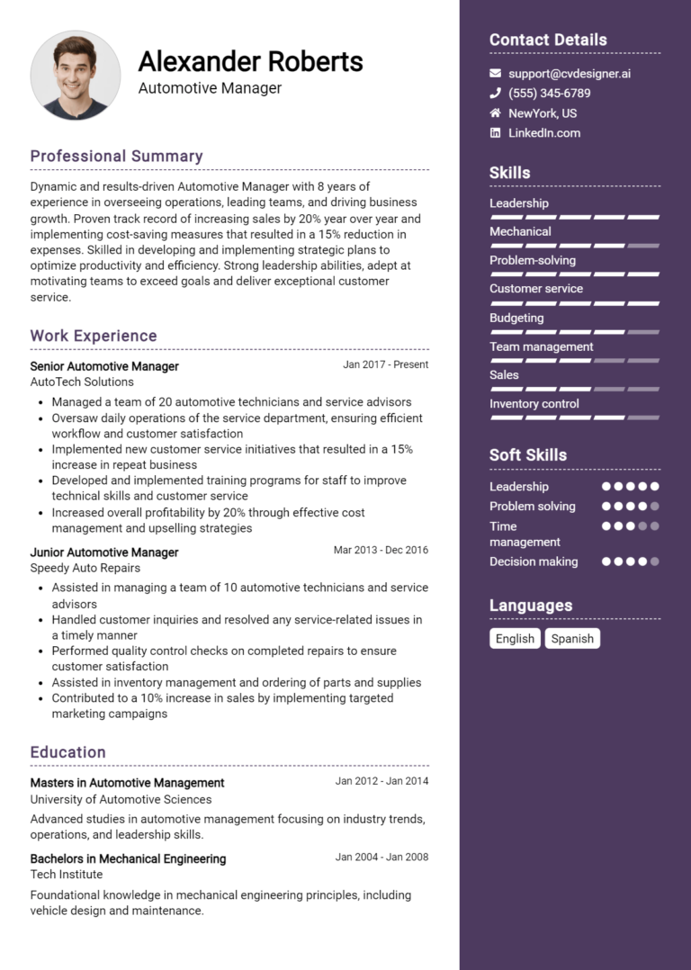 Automotive Manager Resume Example for 2025: Free Templates
