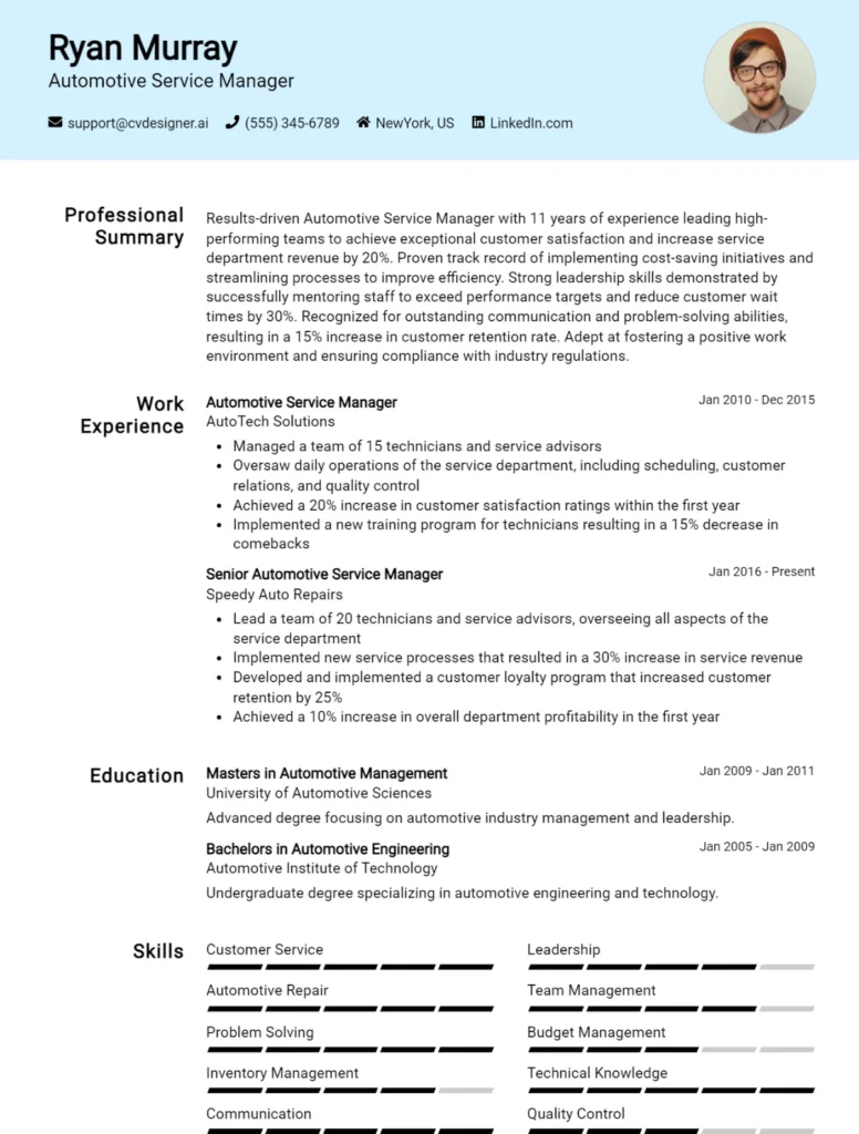 Automotive Service Manager CV Example