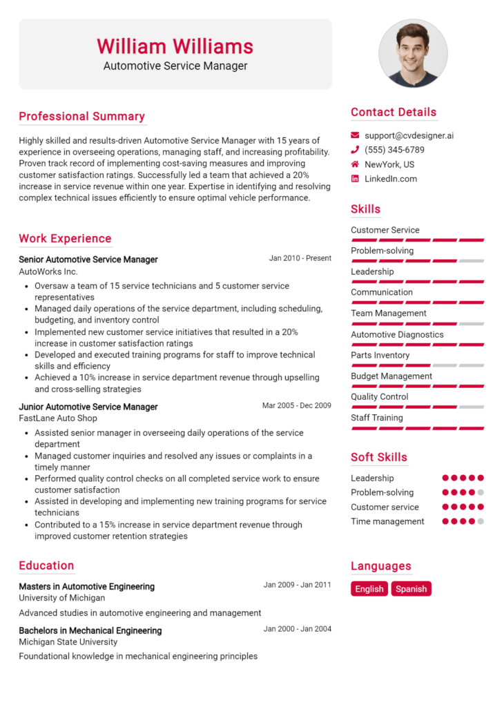 Automotive Service Manager Resume Example