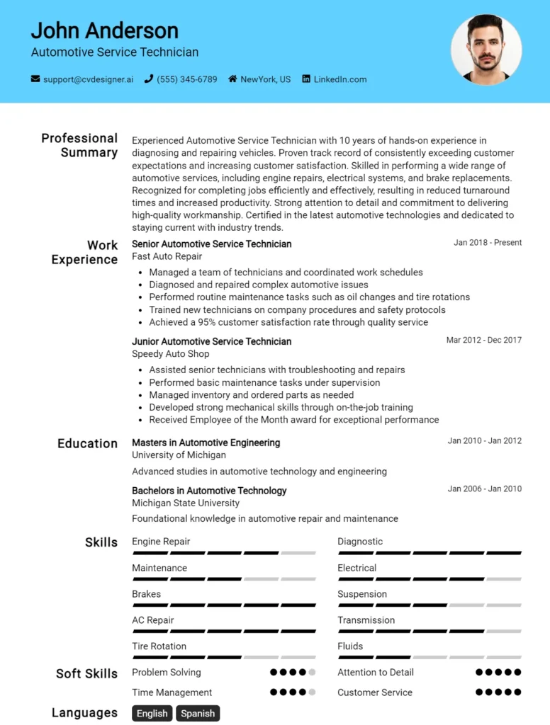 Automotive Service Technician CV Example