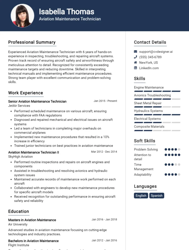 Aviation Maintenance Technician CV Example