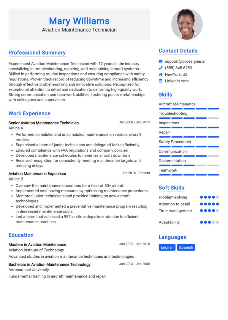 Aviation Maintenance Technician Resume Example for 2025: Strategies & Templates