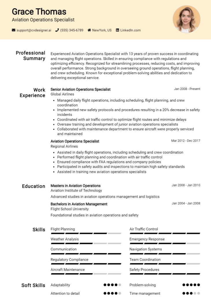 Aviation Operations Specialist Resume Example