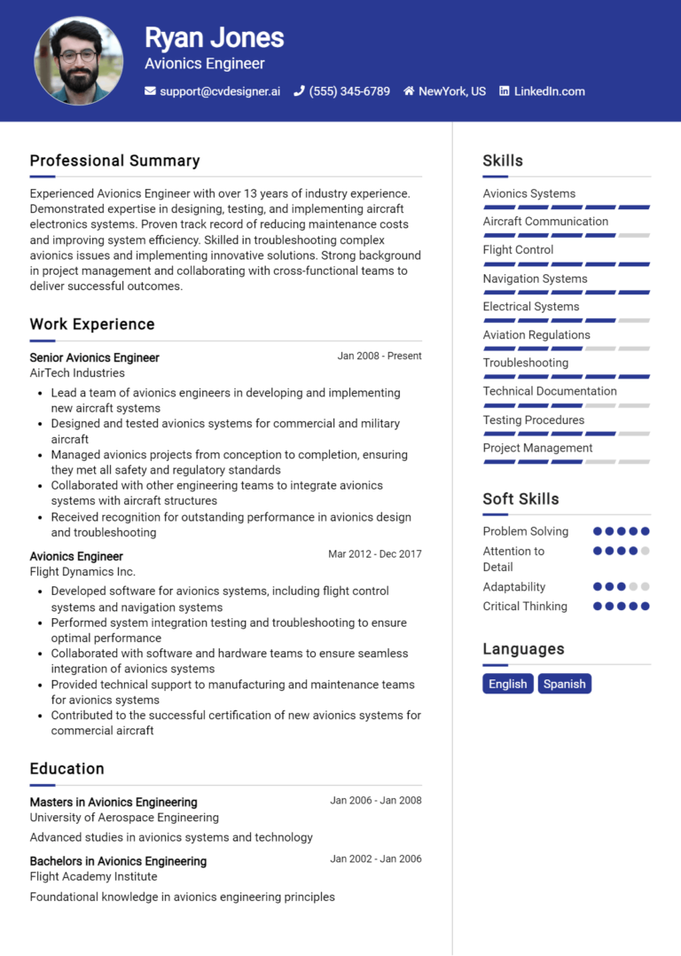 Avionics Engineer Resume Example for 2025: Effective CV Writing Tips