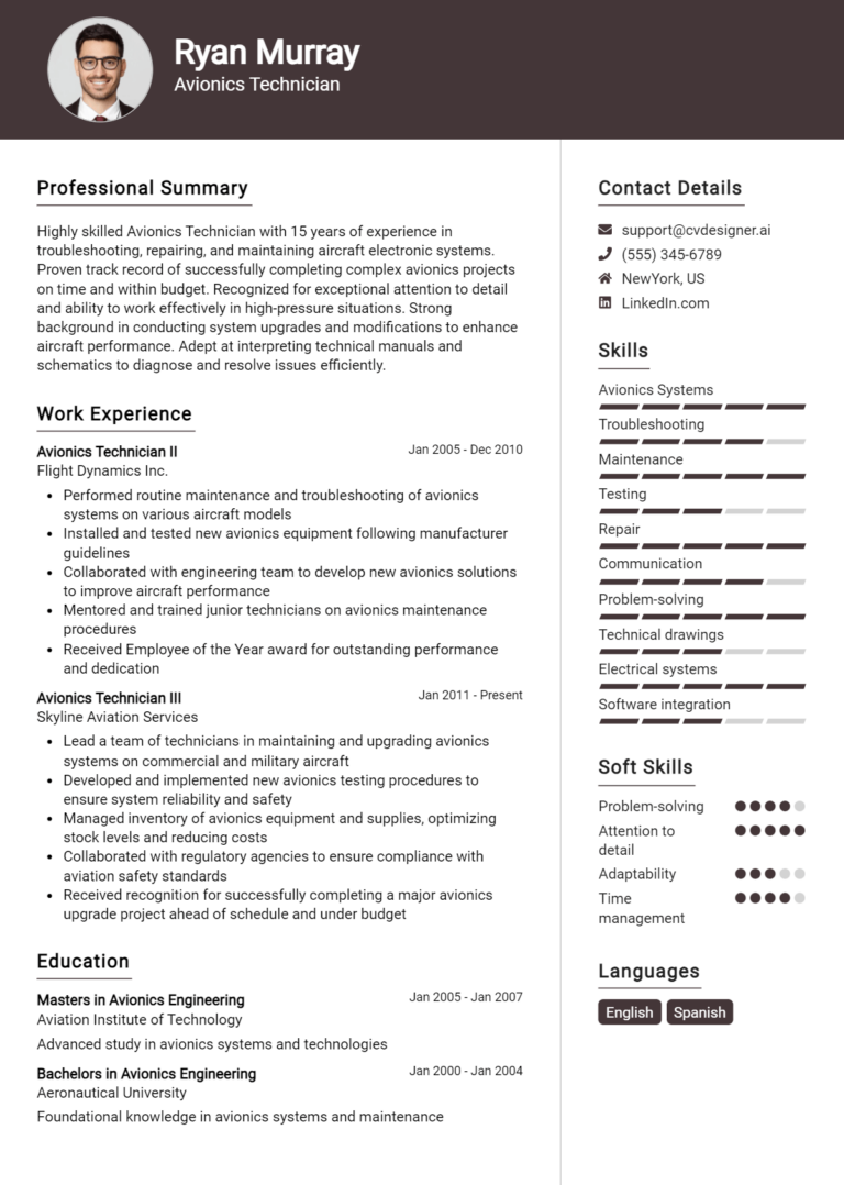 Avionics Technician Resume Example for 2025: How to Create a Professional CV