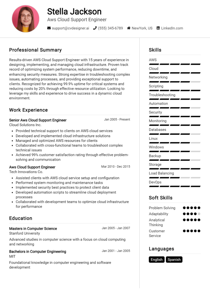 Aws Cloud Support Engineer Resume Example