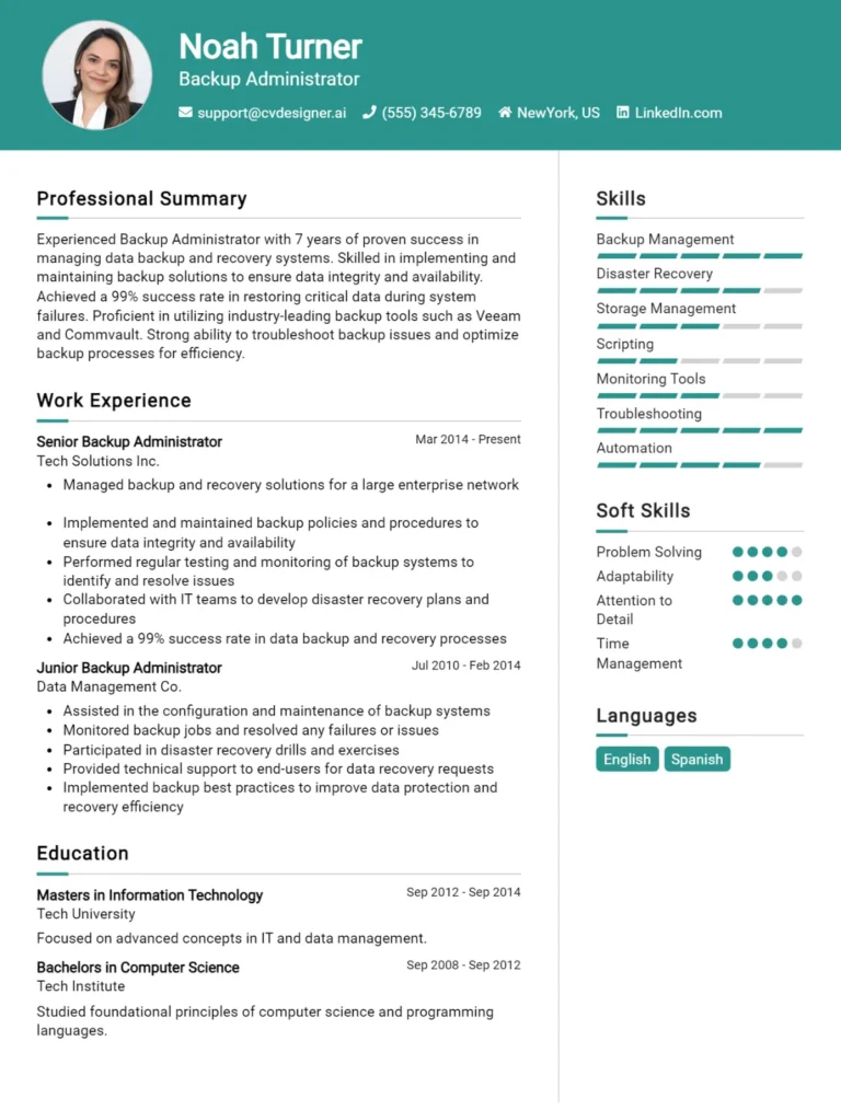 Backup Administrator CV Example For 2025: Top CV Skills