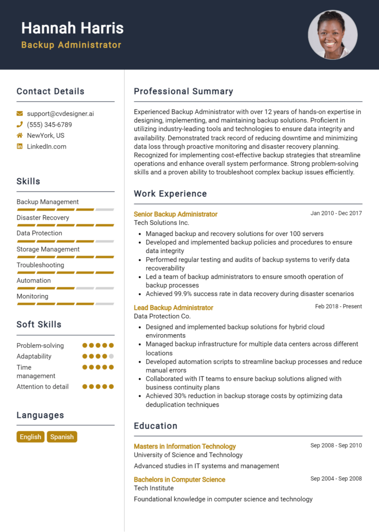 Backup Administrator Resume Example for 2025: Free Examples