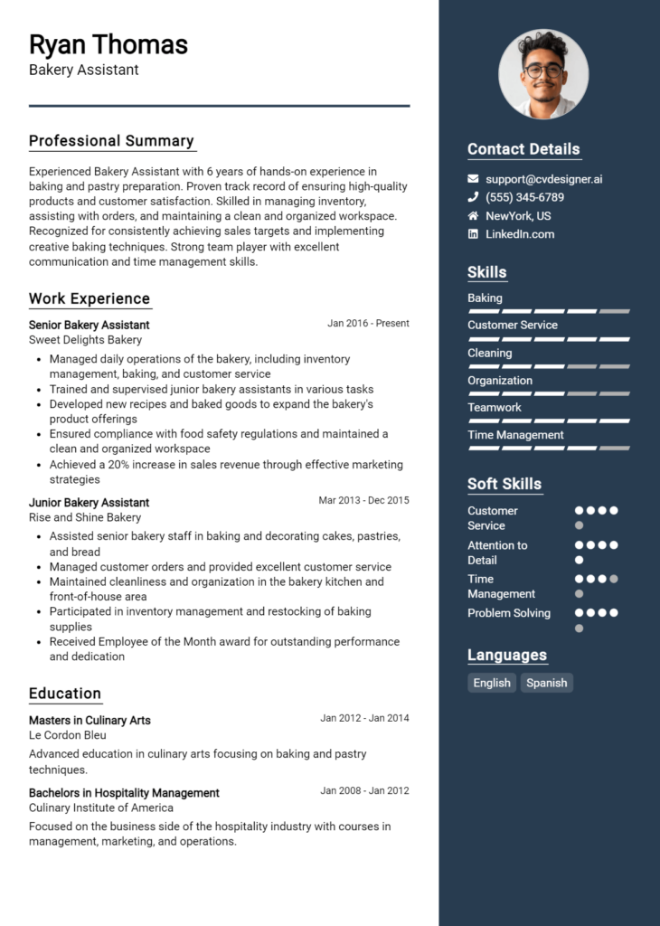 Bakery Assistant Resume Example for 2024: Ultimate Guide - CVDesigner.ai