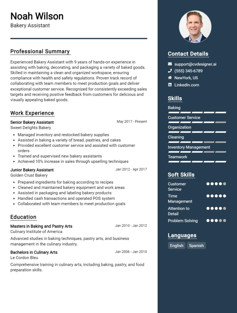 Bakery Assistant CV Example For 2025: Free Professional Templates