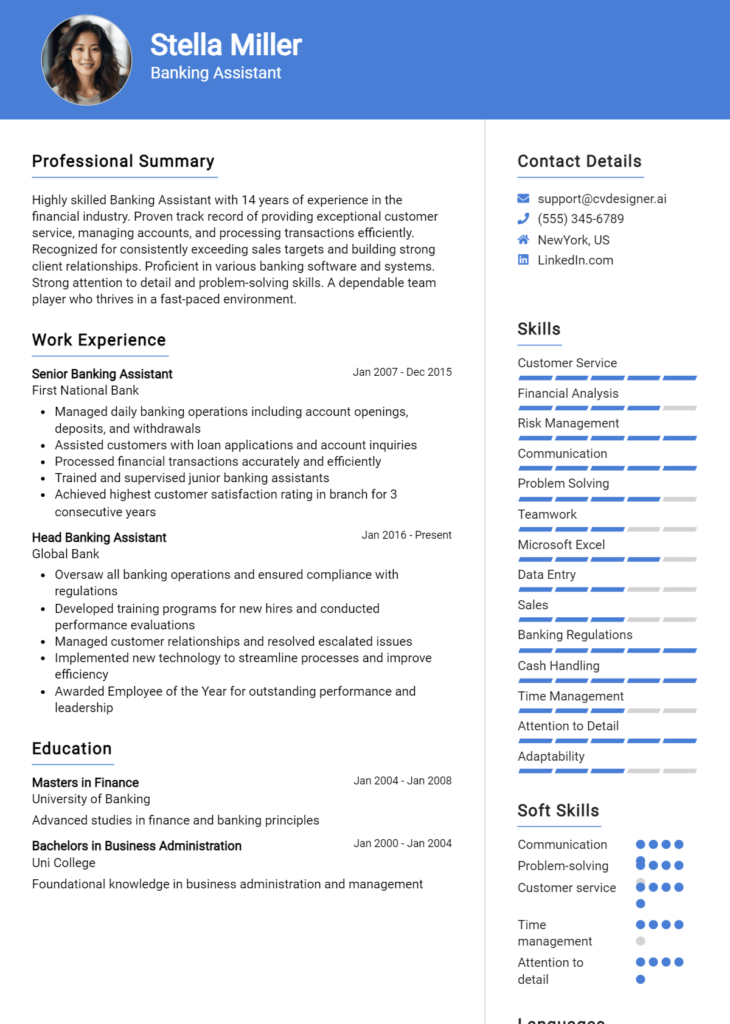 Banking Assistant Resume Example