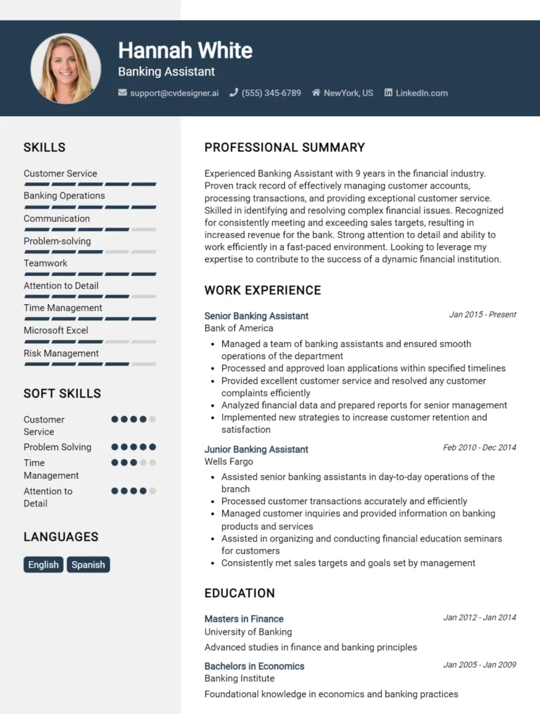 Banking Assistant CV Example For 2025: Tips & Templates