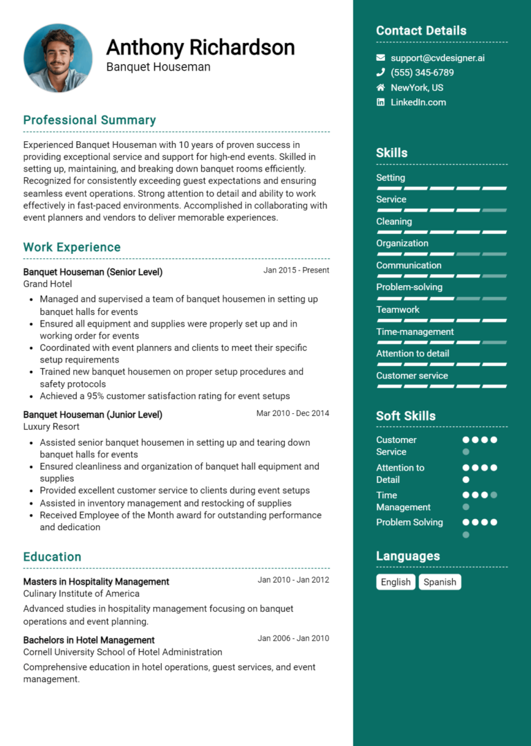 Banquet Houseman Resume Example for 2025: Effective CV Writing Tips