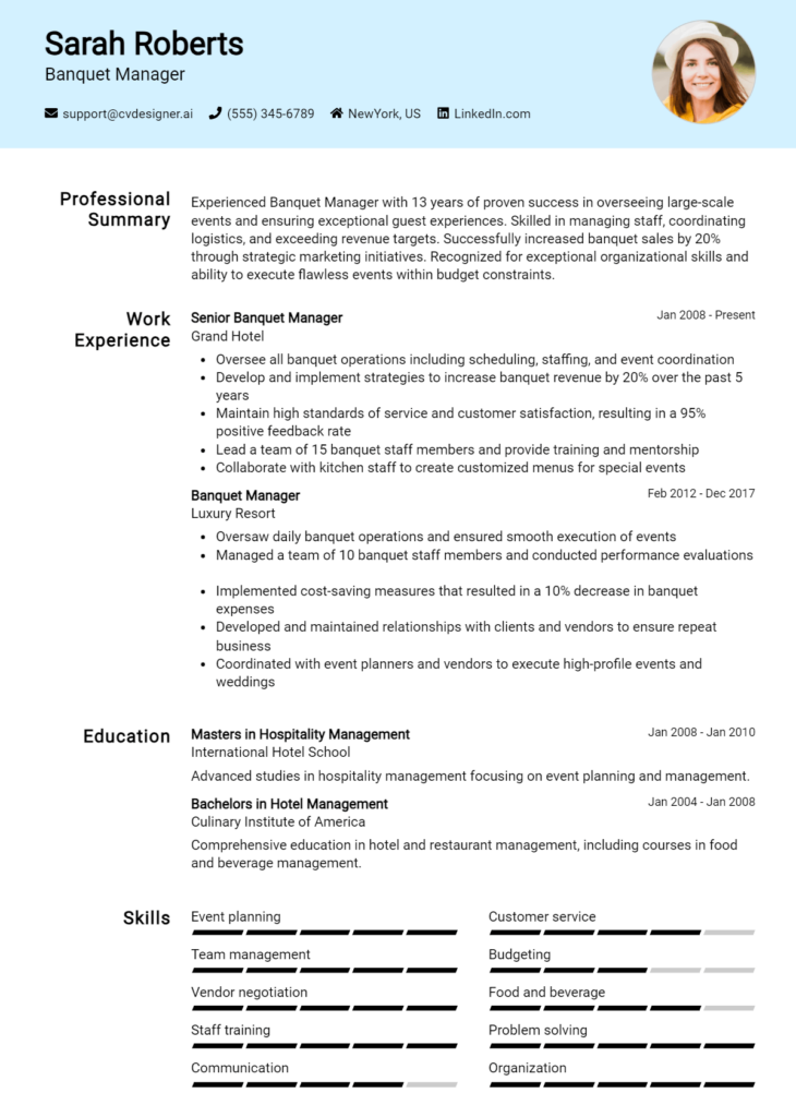 Banquet Manager Resume Example for 2024: Free Examples - CVDesigner.ai