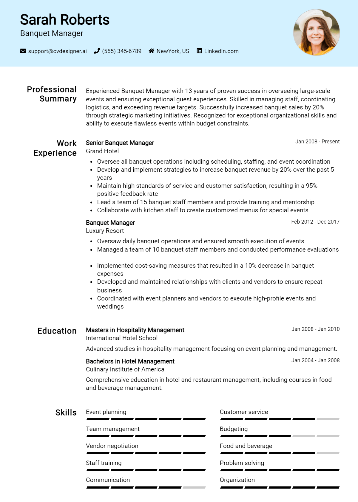 Banquet Manager Resume Example