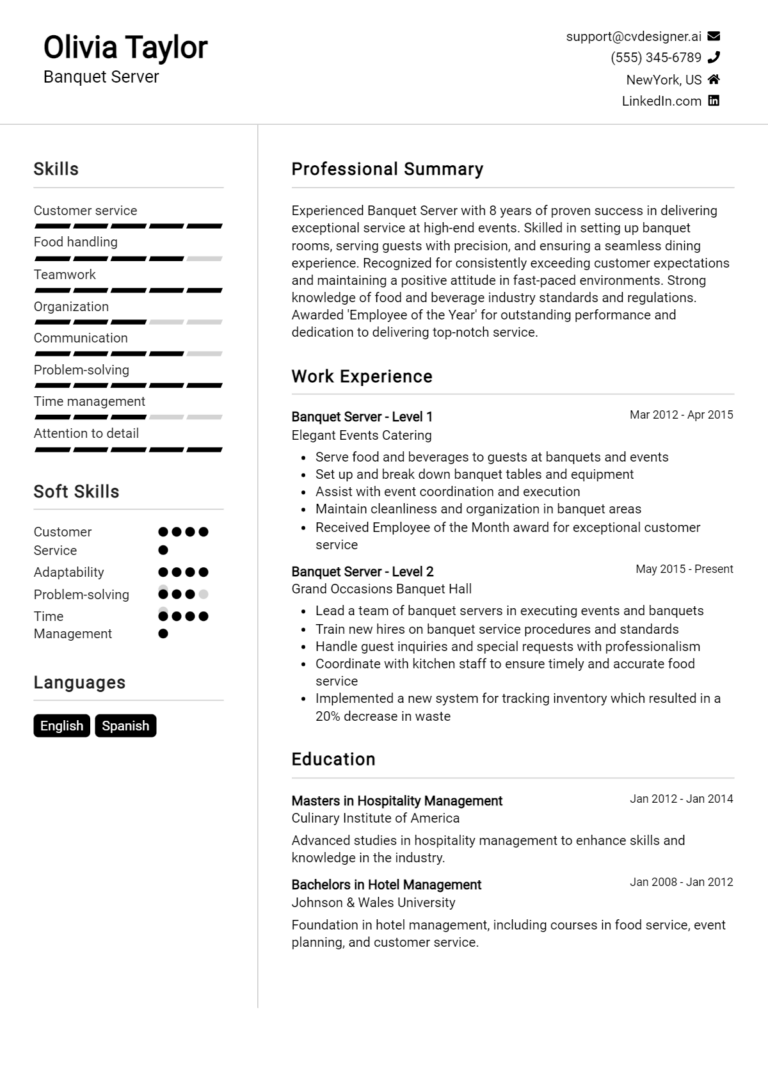 Banquet Server Resume Example for 2025: Free Professional Templates