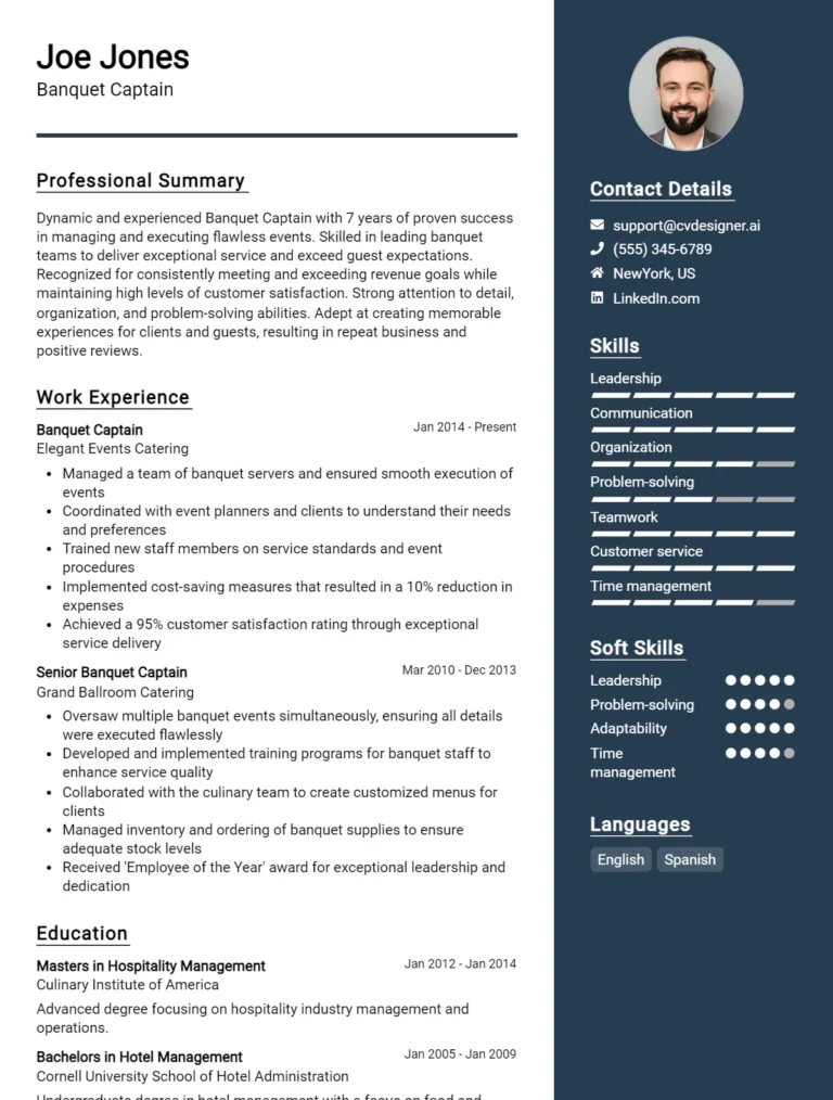 Banquet Captain CV Example For 2025: Best Writing Guide