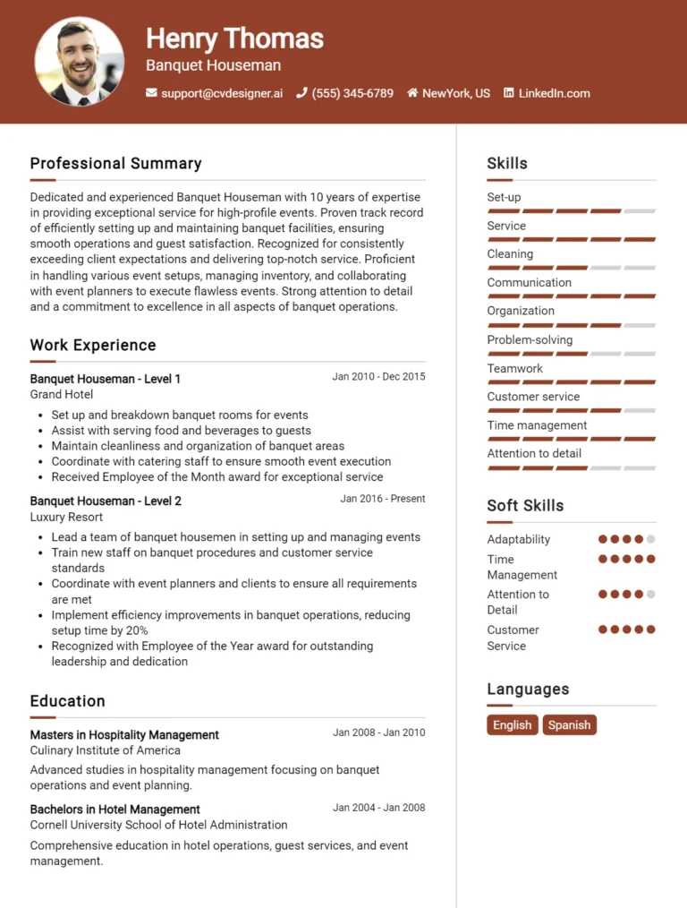 Banquet Houseman CV Example For 2025: Examples & Free Templates