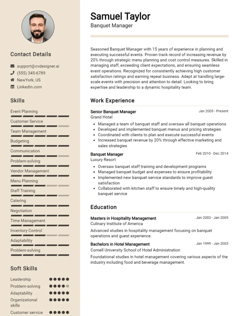 5 Banquet Manager CV Examples And Templates For 2025