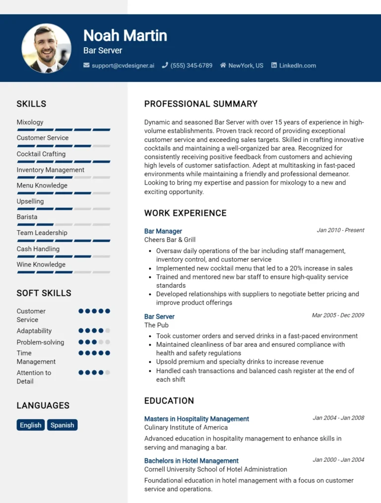 5 Bar Server CV Examples And Templates For 2025
