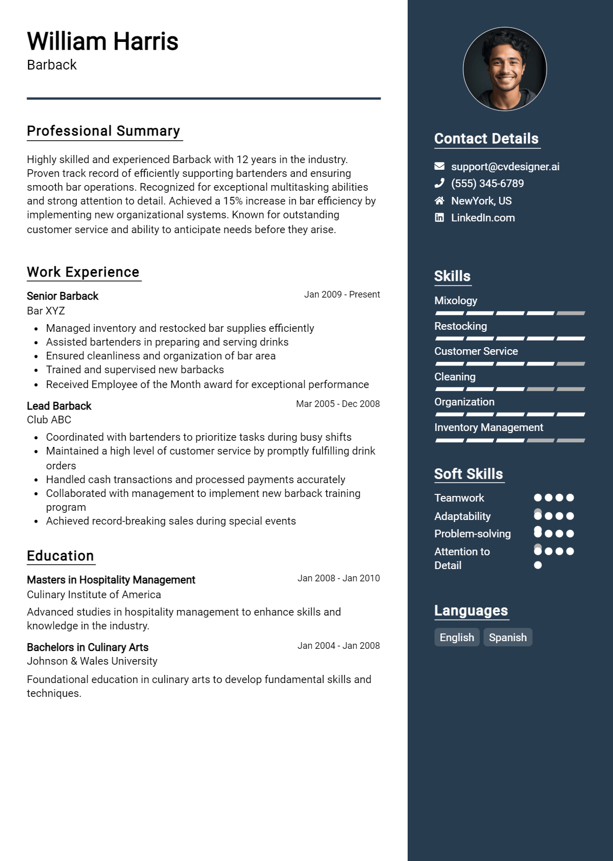 Barback Resume Example