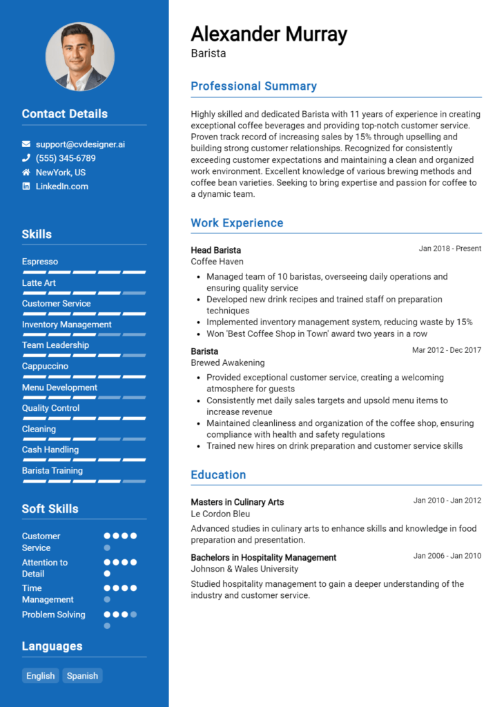 Barista Resume Example for 2024: Professional CV Templates - CVDesigner.ai