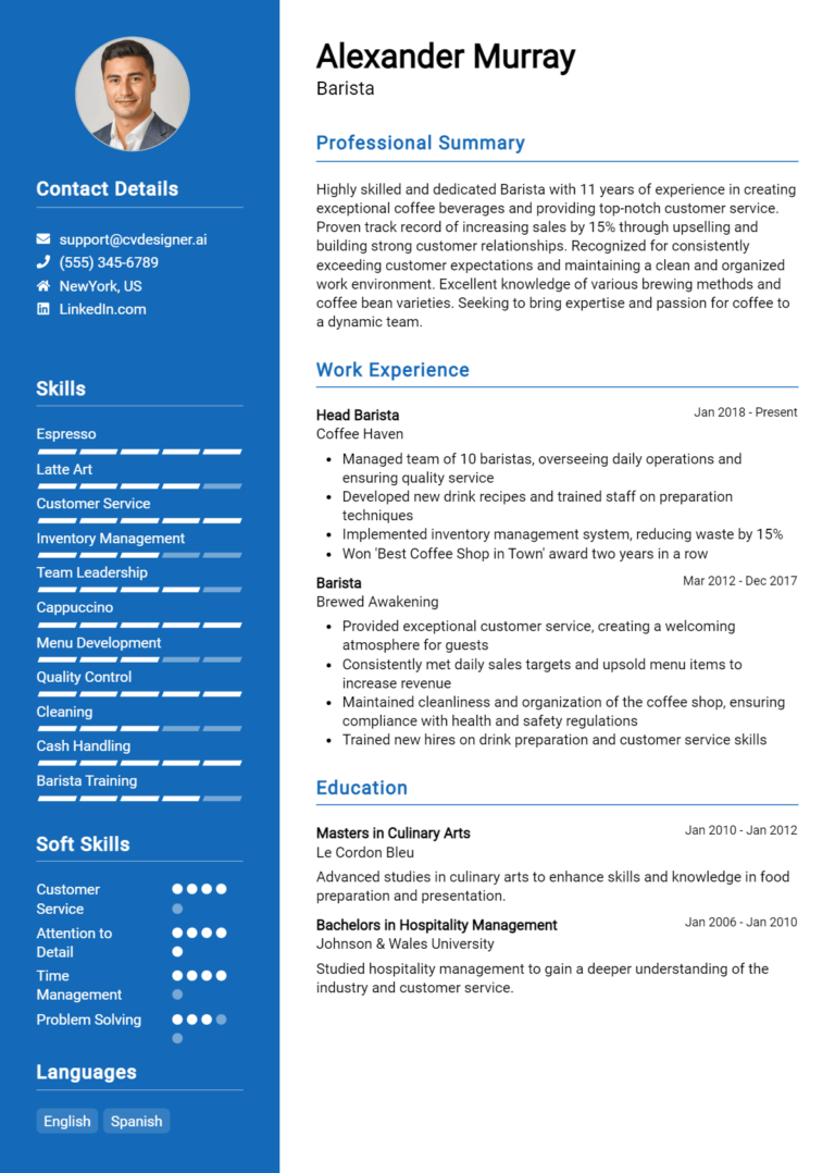 Barista Resume Example for 2025: Professional CV Templates