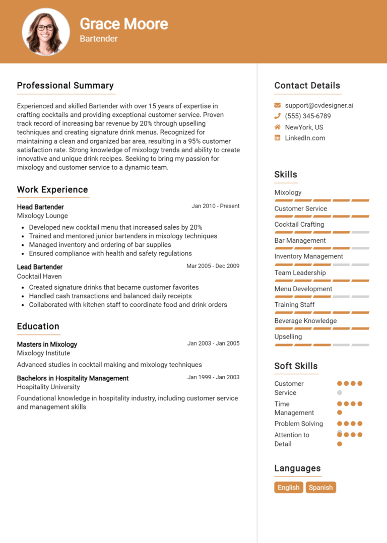 Bartender Resume Example for 2025: How to Craft a Winning CV