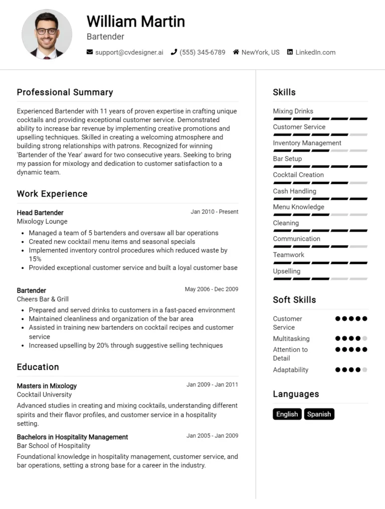 12 Bartender CV Examples And Free Templates For 2025: Ultimate Guide