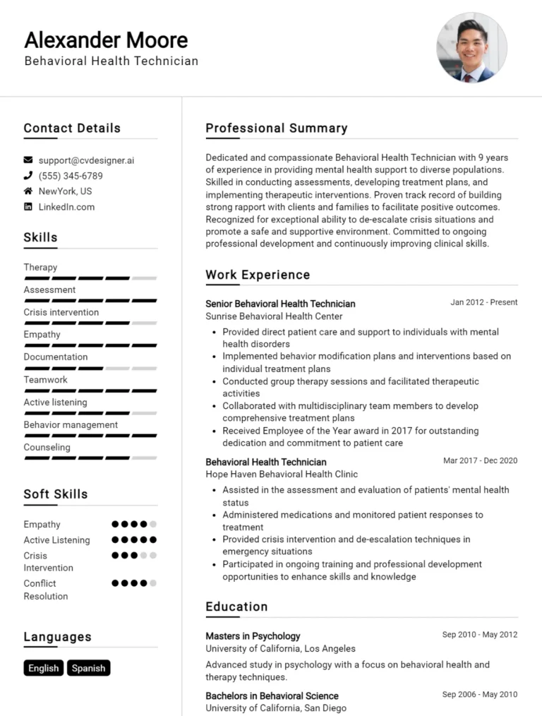 Behavioral Health Technician CV Example For 2025: Samples & Best Practices