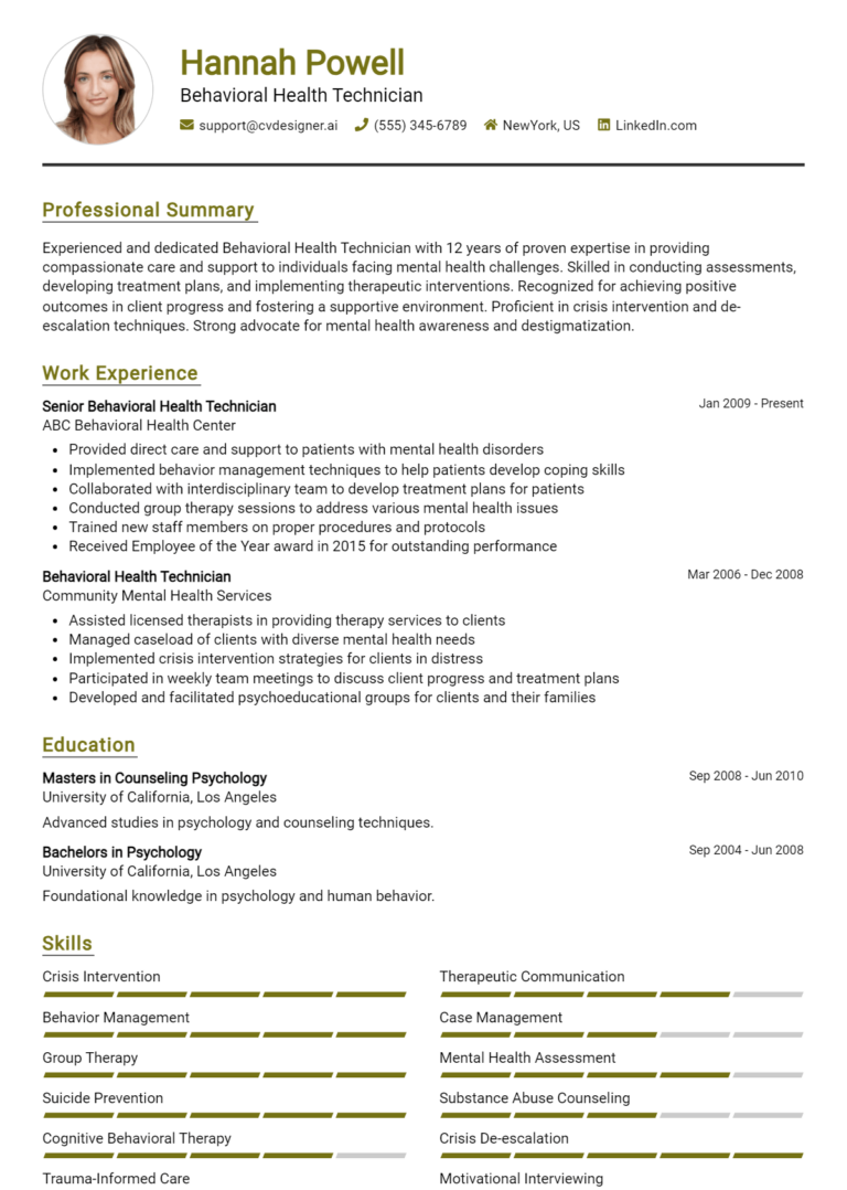 Behavioral Health Technician Resume Example for 2025: Best Writing Guide